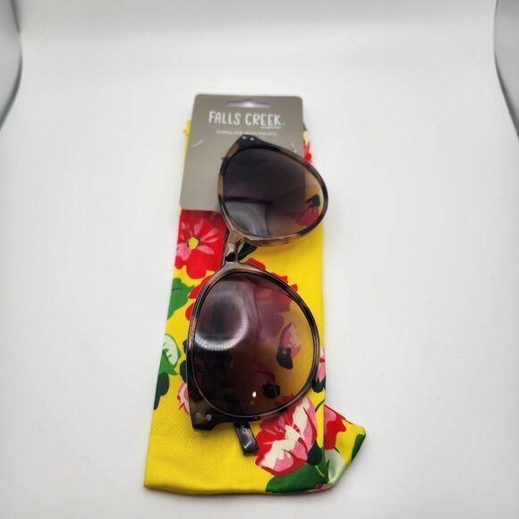 NWT Falls Creek Tortoiseshell Sunglasses & Yellow Floral Pouch - Picture 1 of 3